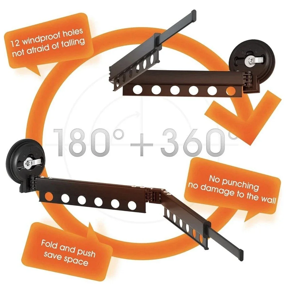 Wall Mounted Clothes Drying Rack Suction Cup Folding Laundry Hanger Moveable